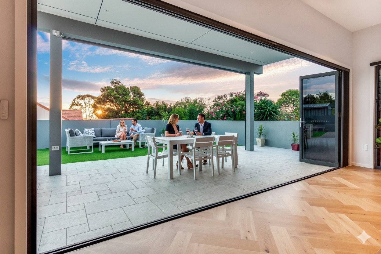 Couple enjoying screened bifold door openings with a drink