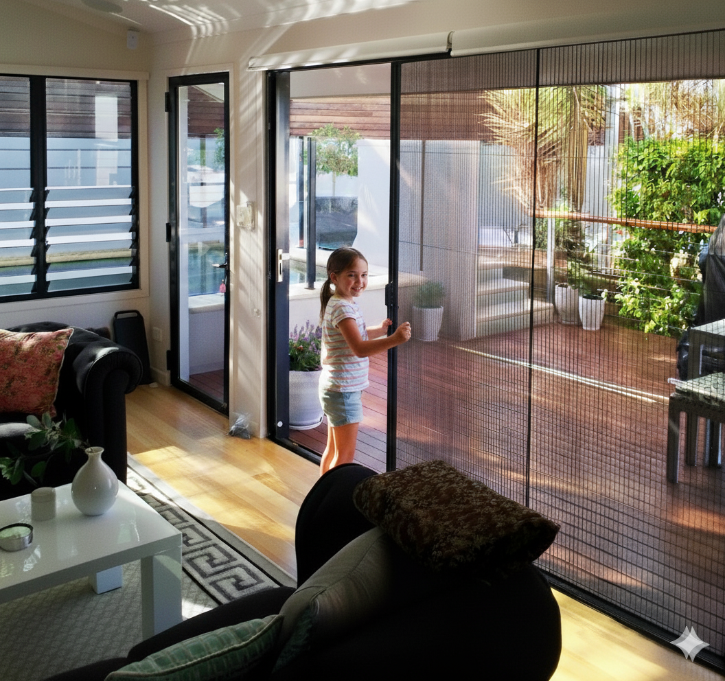 Can my child easily open a fly screen that's retractable? Yes - young girl effortlessly operates retractable screen door to outdoor patio area.