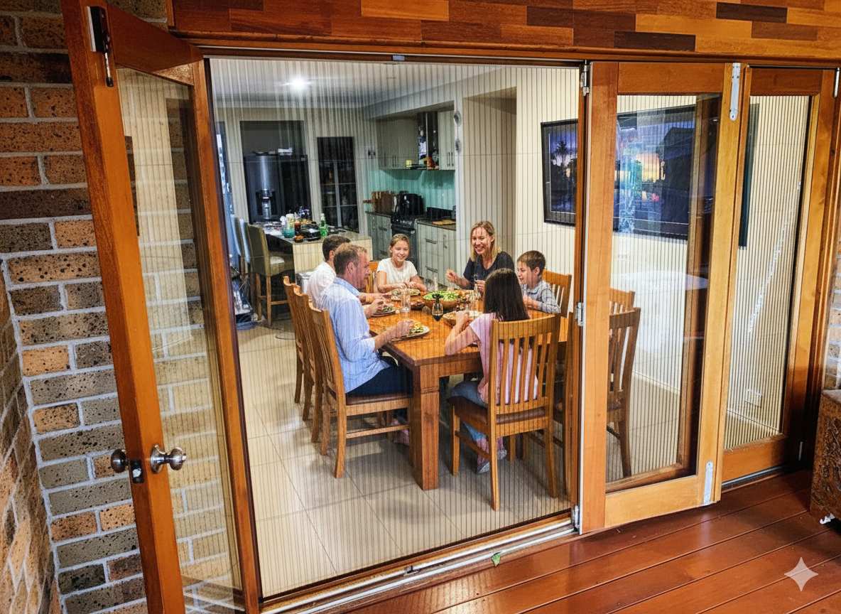 family enjoying dining with breeze coming through french door screens