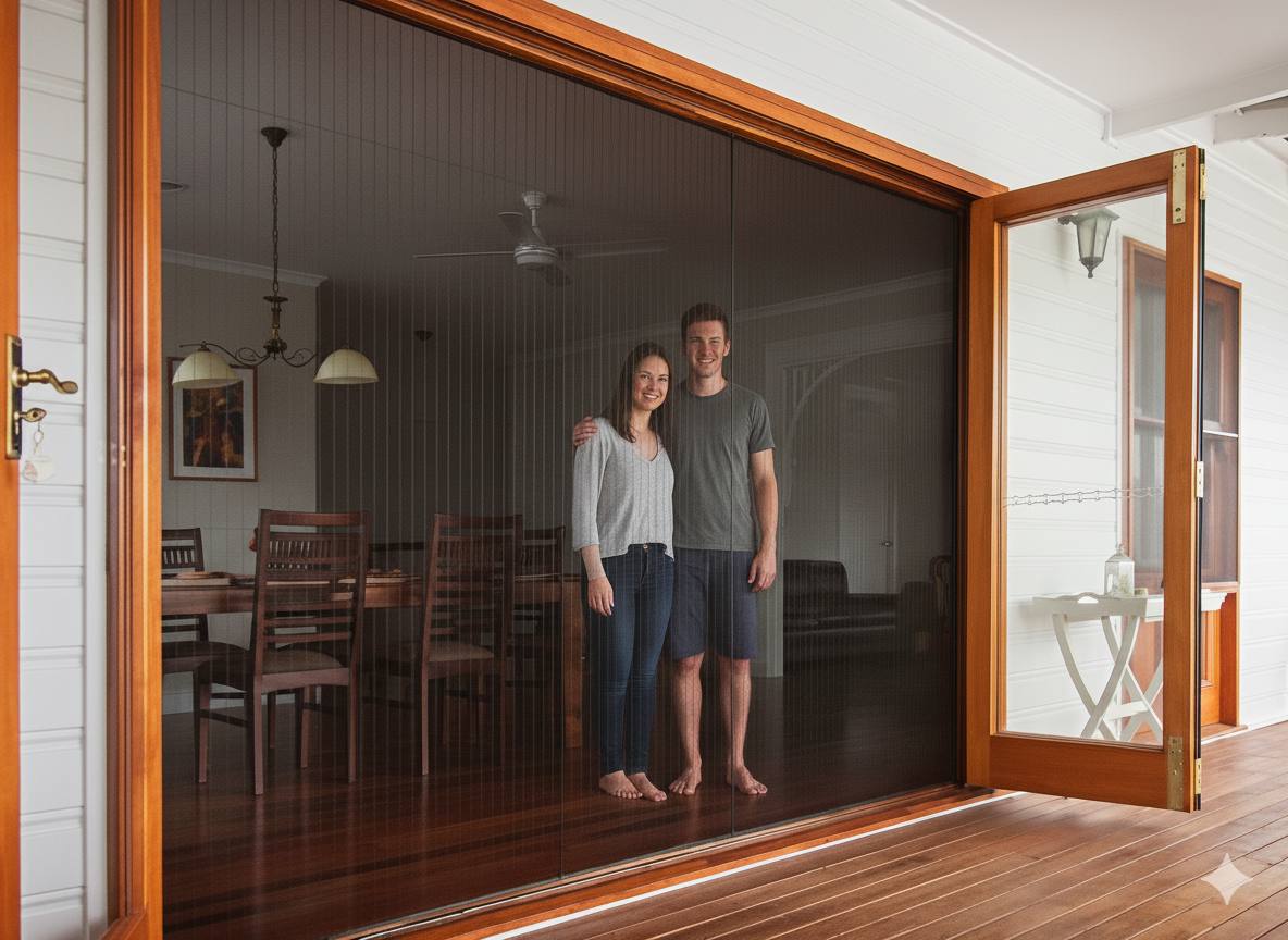 Happy couple enjoying screened bifold doors