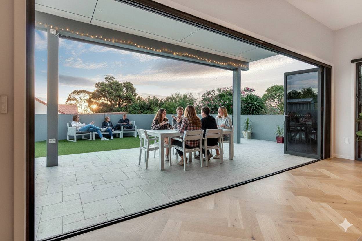 How wide can retractable screens be? Large family gathering enjoys seamless indoor-outdoor entertaining through wide-span retractable screen opening.