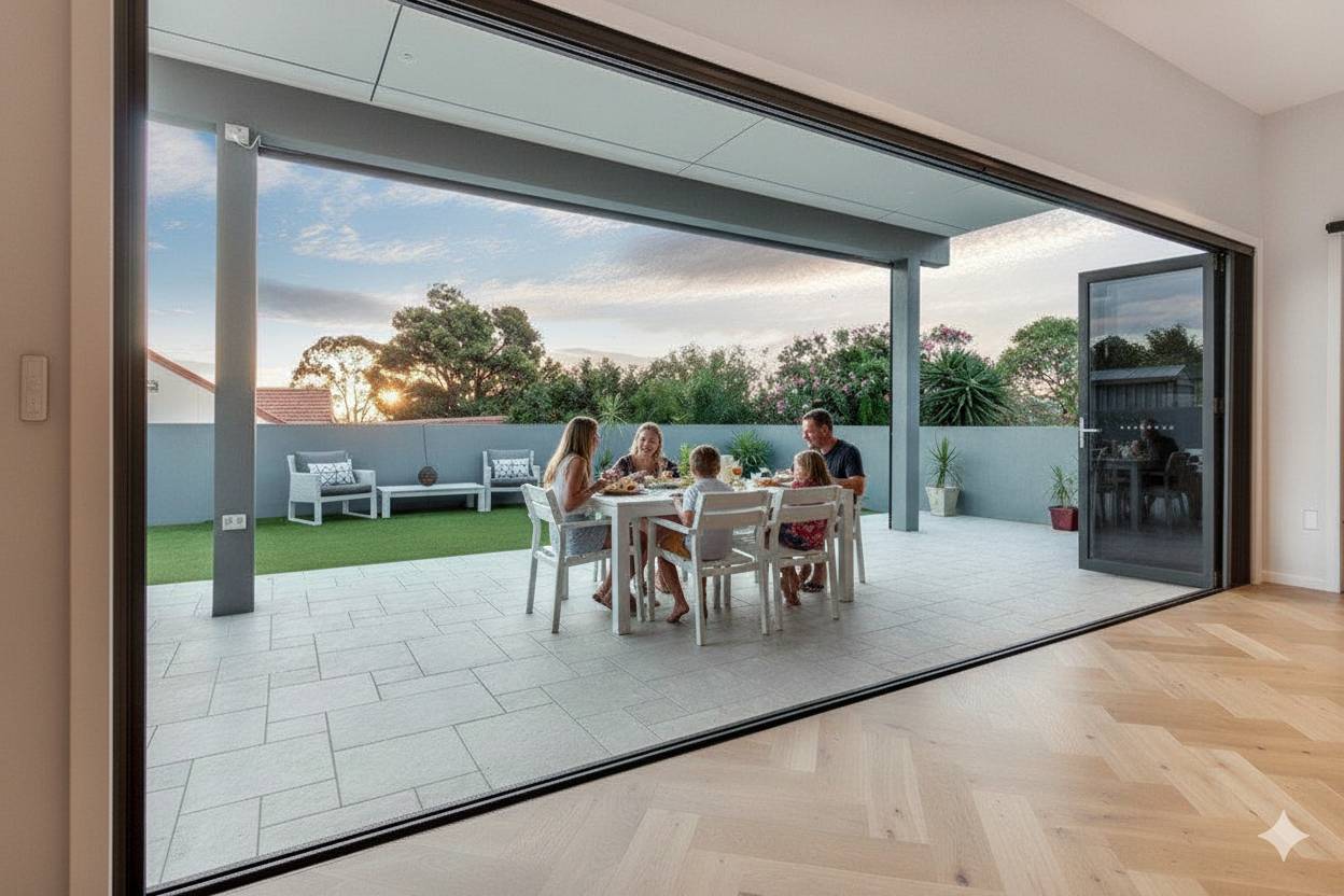 fly-screens-for-large-openings Fly screens for large openings enable seamless indoor-outdoor dining on covered deck with family enjoying unobstructed views.