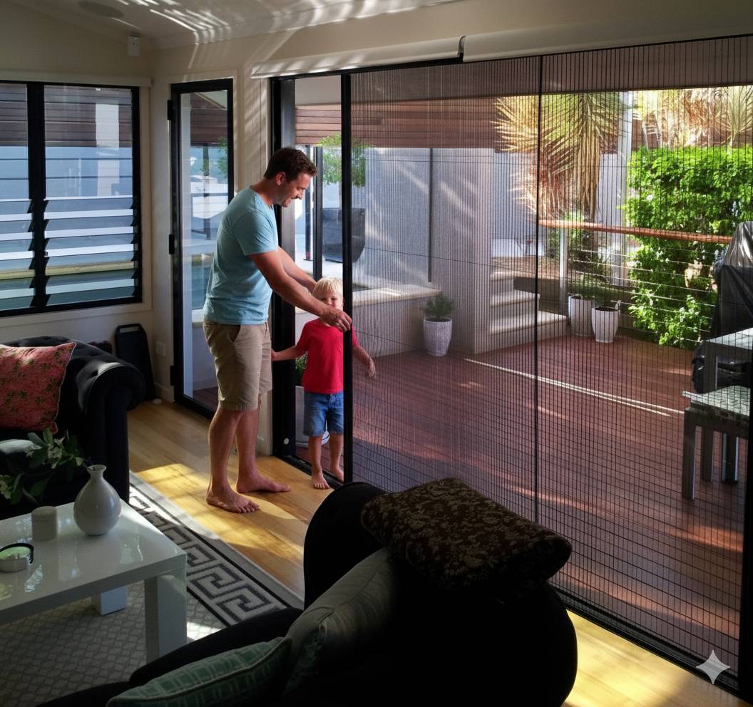 What is a retracting screen door? Father and child demonstrate easy operation of retractable screen providing clear outdoor views when deployed.