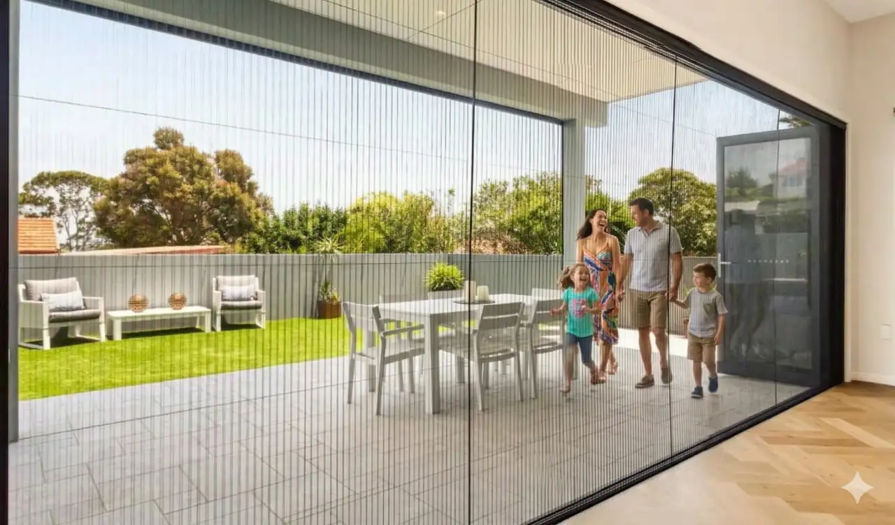 retractable screens with family walking behind, by Intelliscreens