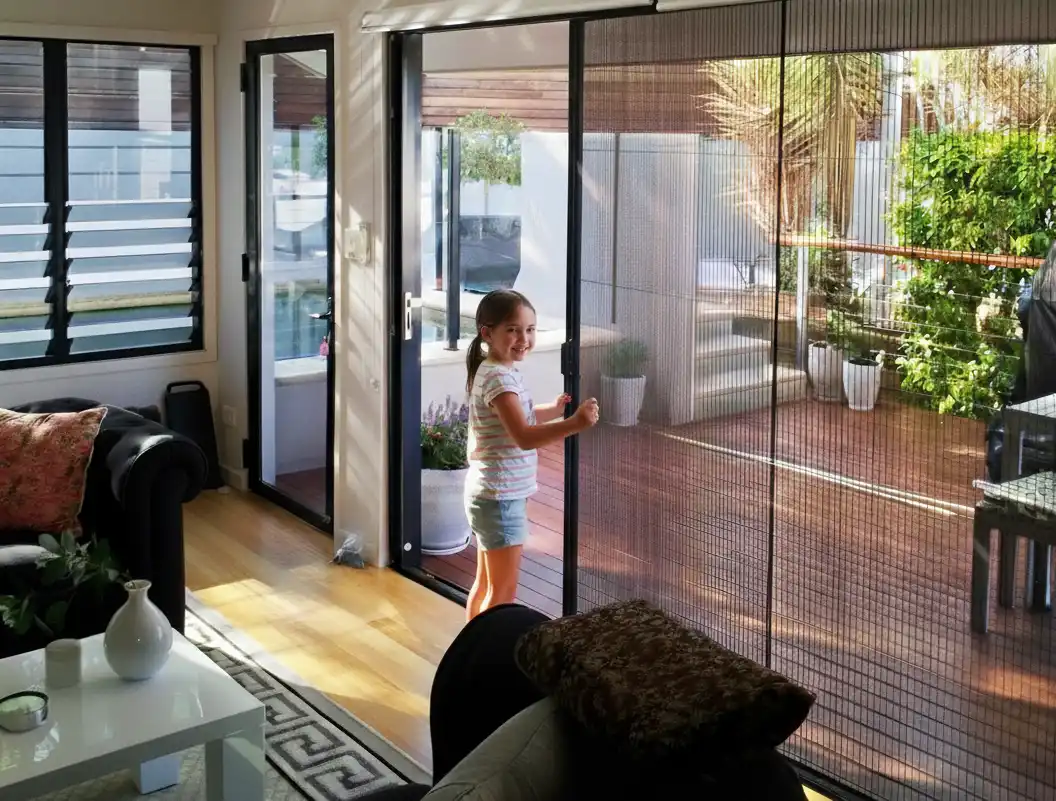 Can my child easily open a fly screen that's retractable? Yes - young girl effortlessly operates retractable screen door to outdoor patio area.